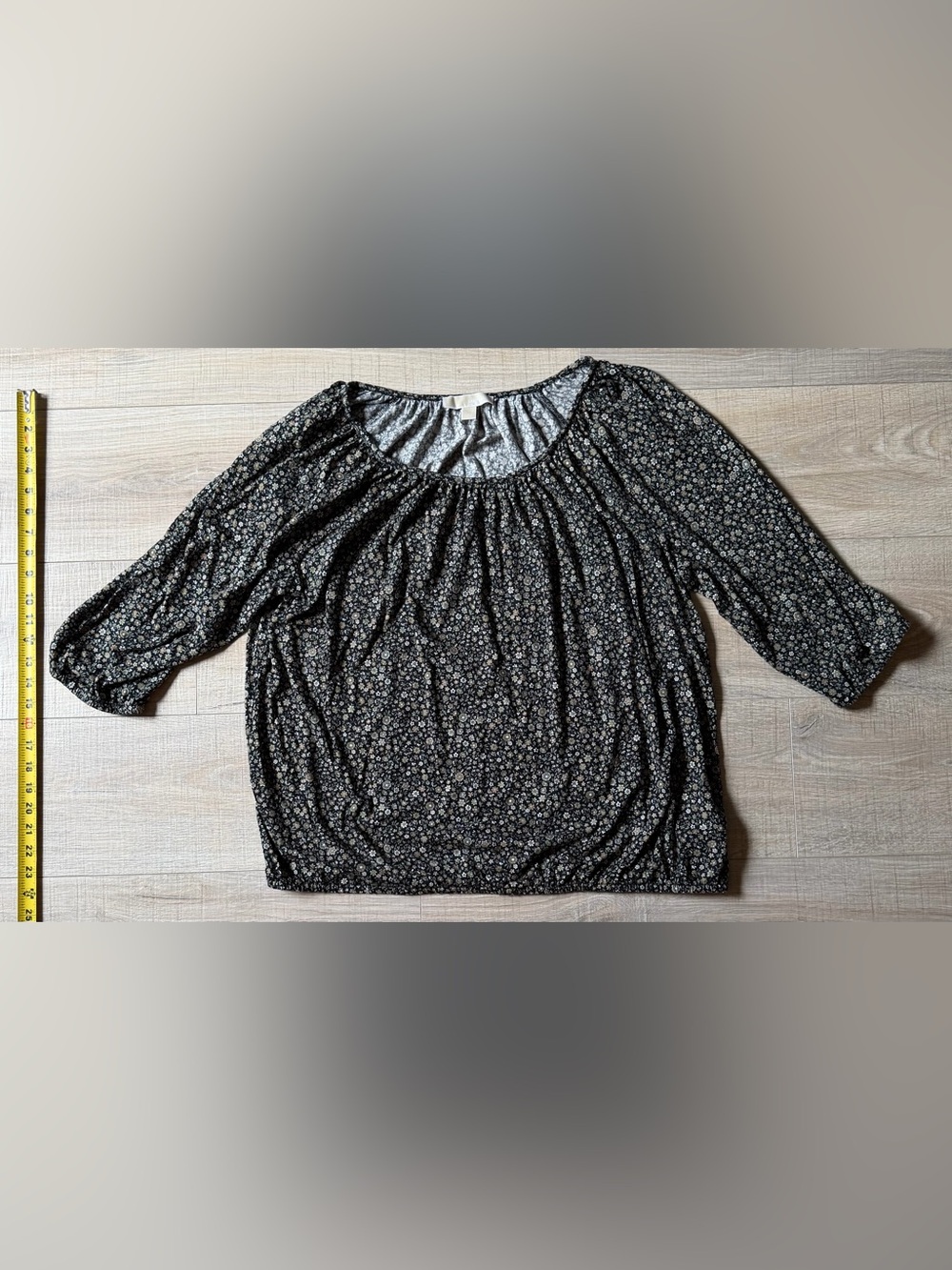 Michael Kohrs Black Floral Scoop-Neck Blouse with 3/4 Sleeves